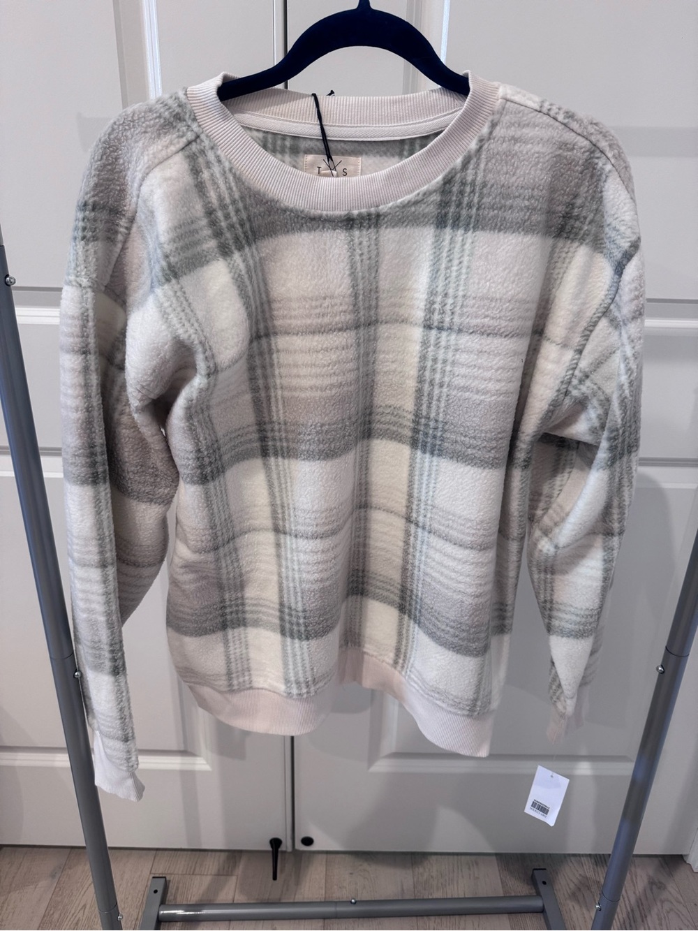 Thread & Supply - Plaid Crewneck Sweater - White & Gray